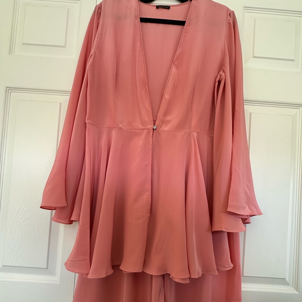 Rosamosario 100% Silk Pink Set Jumeirah Crystals Flowy Button Top & Silk Trouser